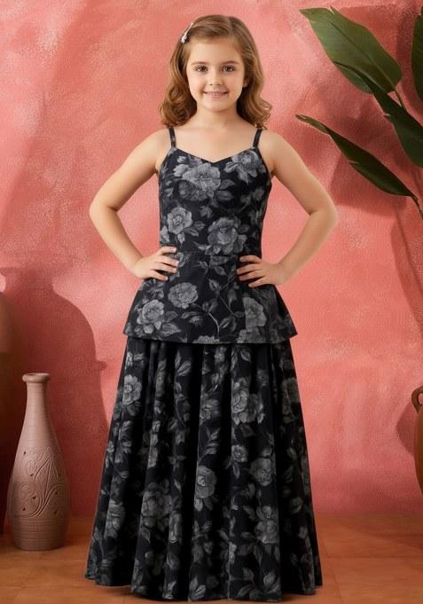 Girls Black Floral Print Organza Fusion Set