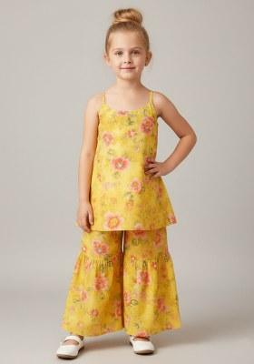Girls Yellow Floral Print Organza Fusion Set