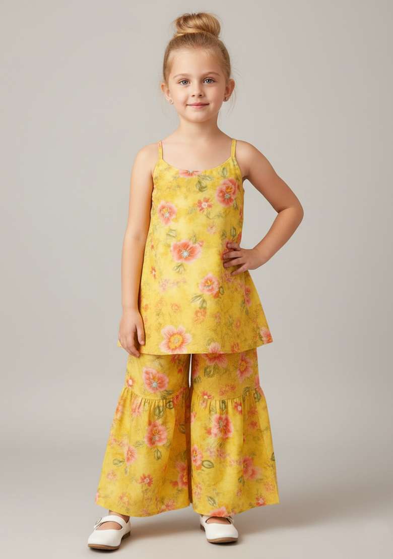 Girls Yellow Floral Print Organza Fusion Set - Indya