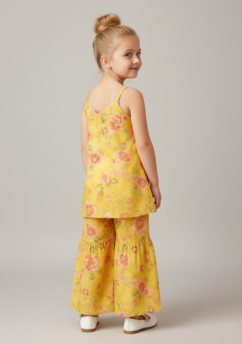 Girls Yellow Floral Print Organza Fusion Set - Indya