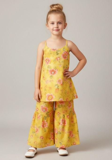 Girls Yellow Floral Print Organza Fusion Set
