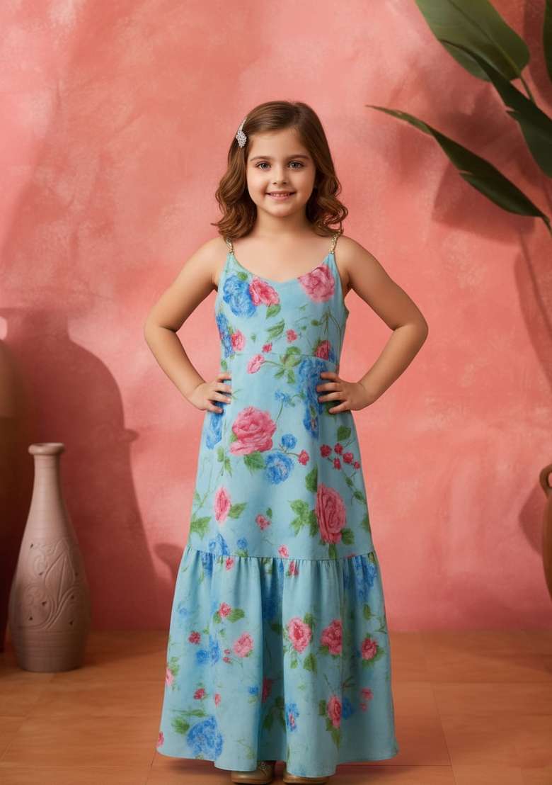 Girls Light Blue Floral Print Organza Fusion Set - Indya