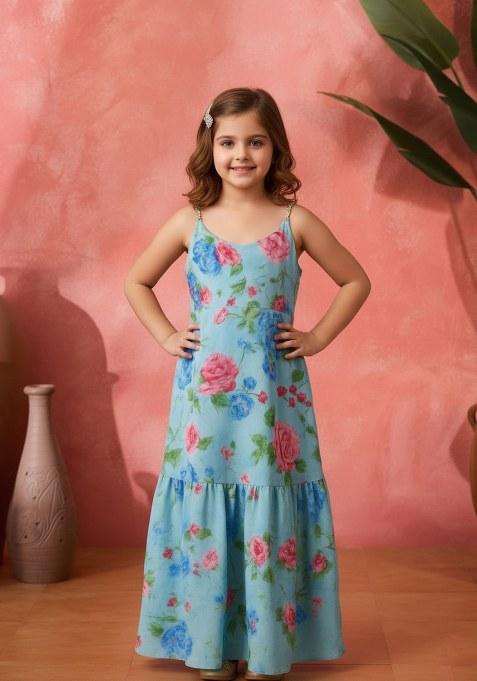 Girls Light Blue Floral Print Organza Fusion Set