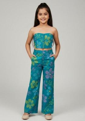 Girls Teal Blue Floral Print Organza Fusion Set