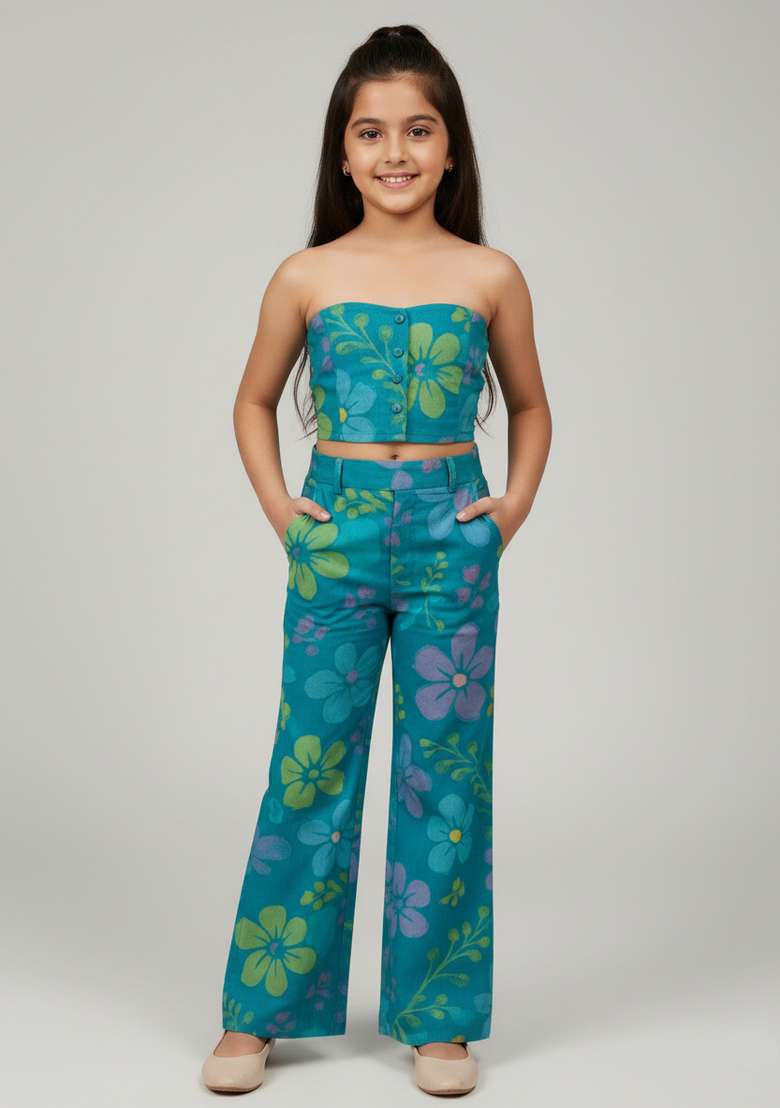 Girls Teal Blue Floral Print Organza Fusion Set - Indya