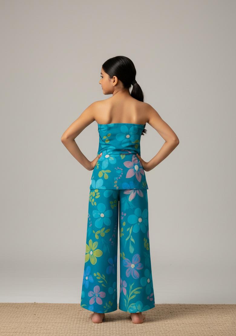 Girls Teal Blue Floral Print Organza Fusion Set - Indya