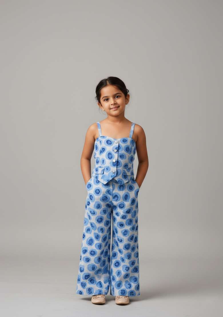 Girls Blue Abstract Print Organza Fusion Set - Indya
