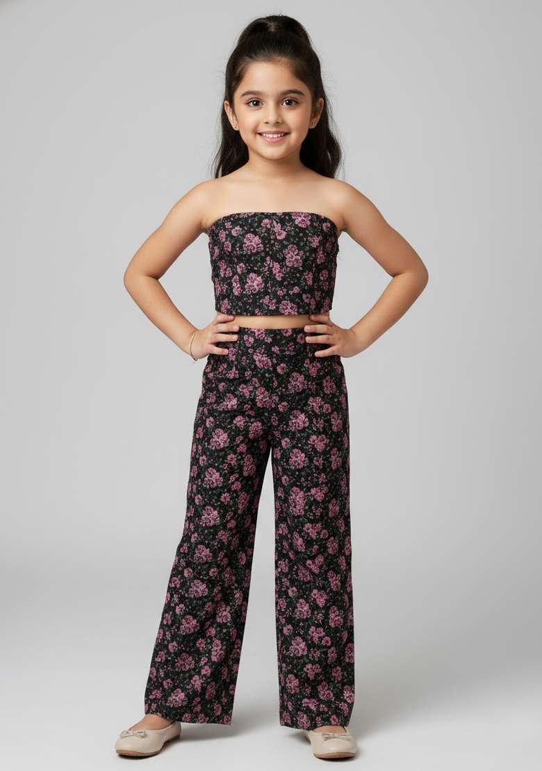 Girls Black And Blue Floral Print Organza Fusion Set - Indya