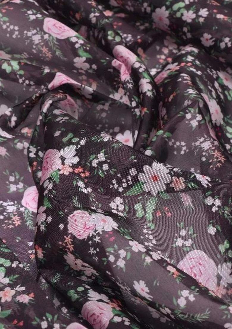 Girls Black And Blue Floral Print Organza Fusion Set - Indya