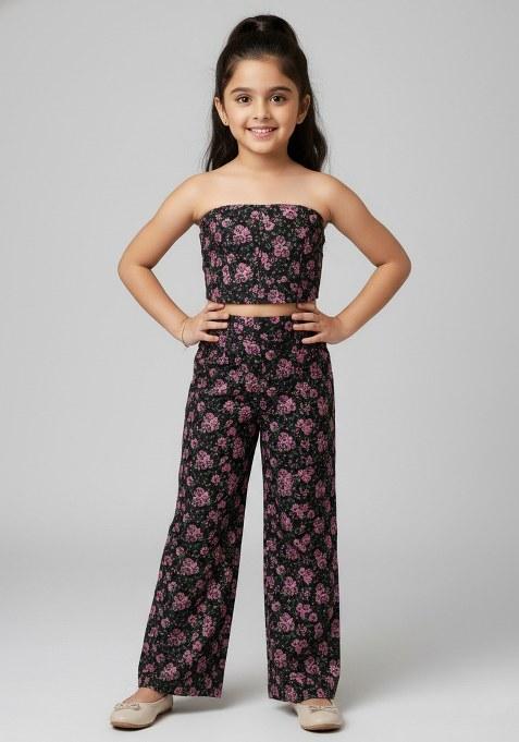 Girls Black And Blue Floral Print Organza Fusion Set