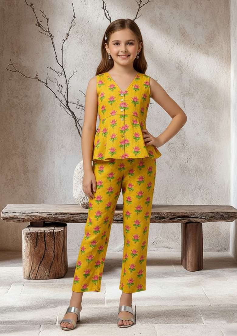 Girls Yellow Floral Print Satin Fusion Set - Indya