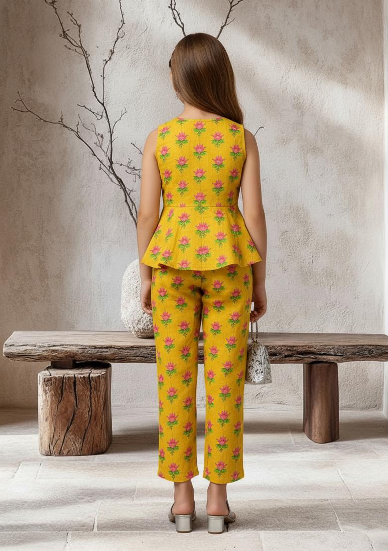 Girls Yellow Floral Print Satin Fusion Set - Indya