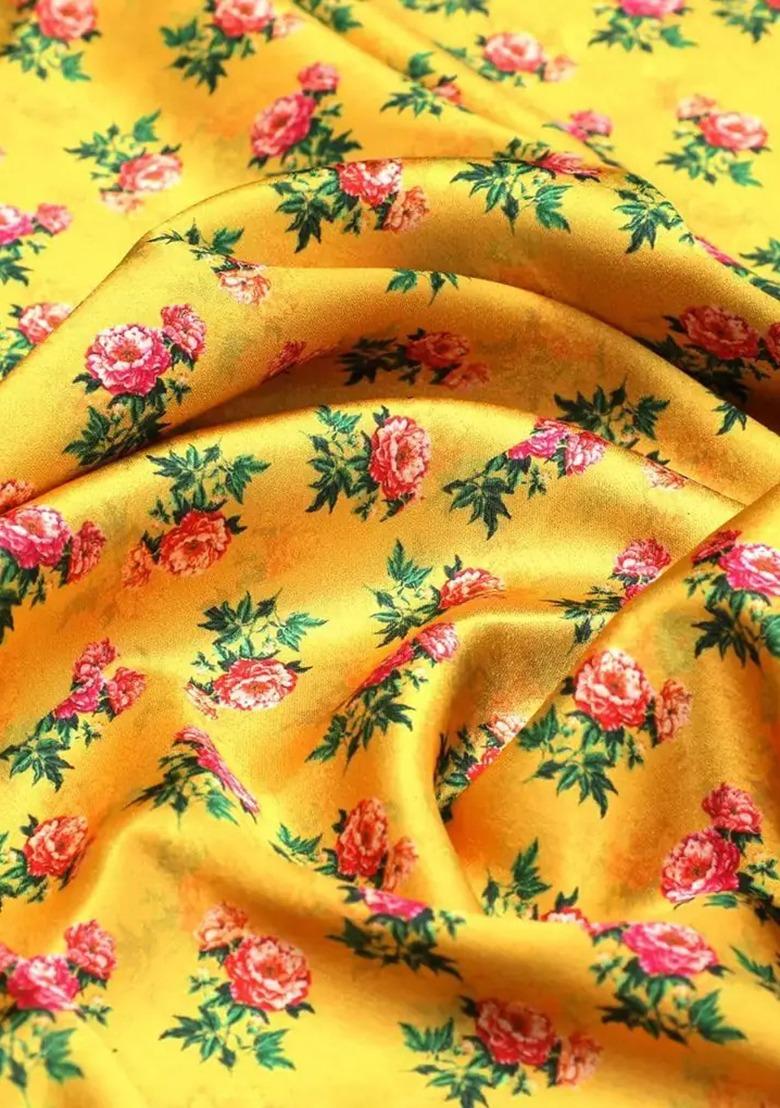 Girls Yellow Floral Print Satin Fusion Set - Indya