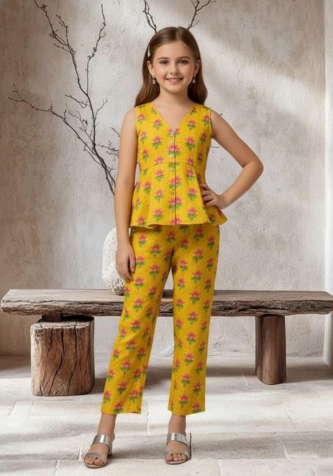 Girls Yellow Floral Print Satin Fusion Set