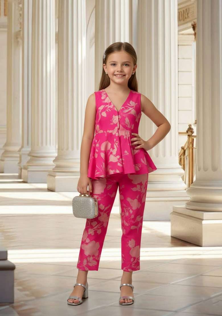 Girls Pink Floral Print Satin Fusion Set - Indya