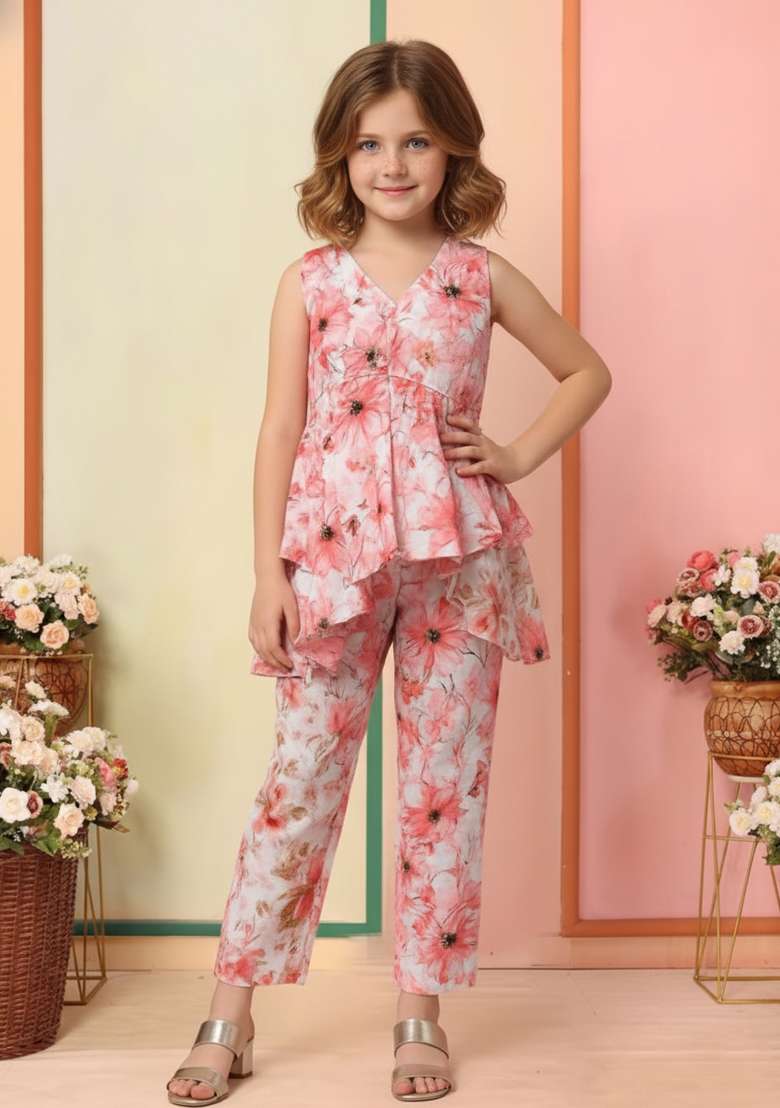 Girls Light Pink Floral Print Satin Fusion Set - Indya