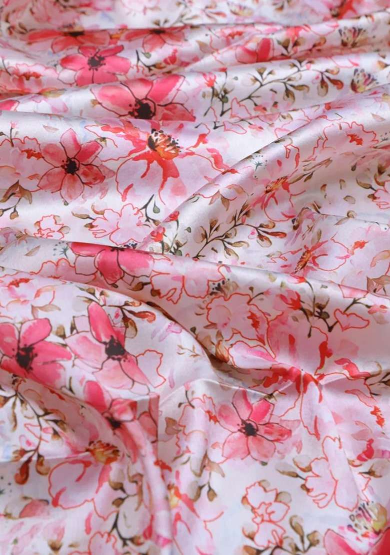 Girls Light Pink Floral Print Satin Fusion Set - Indya