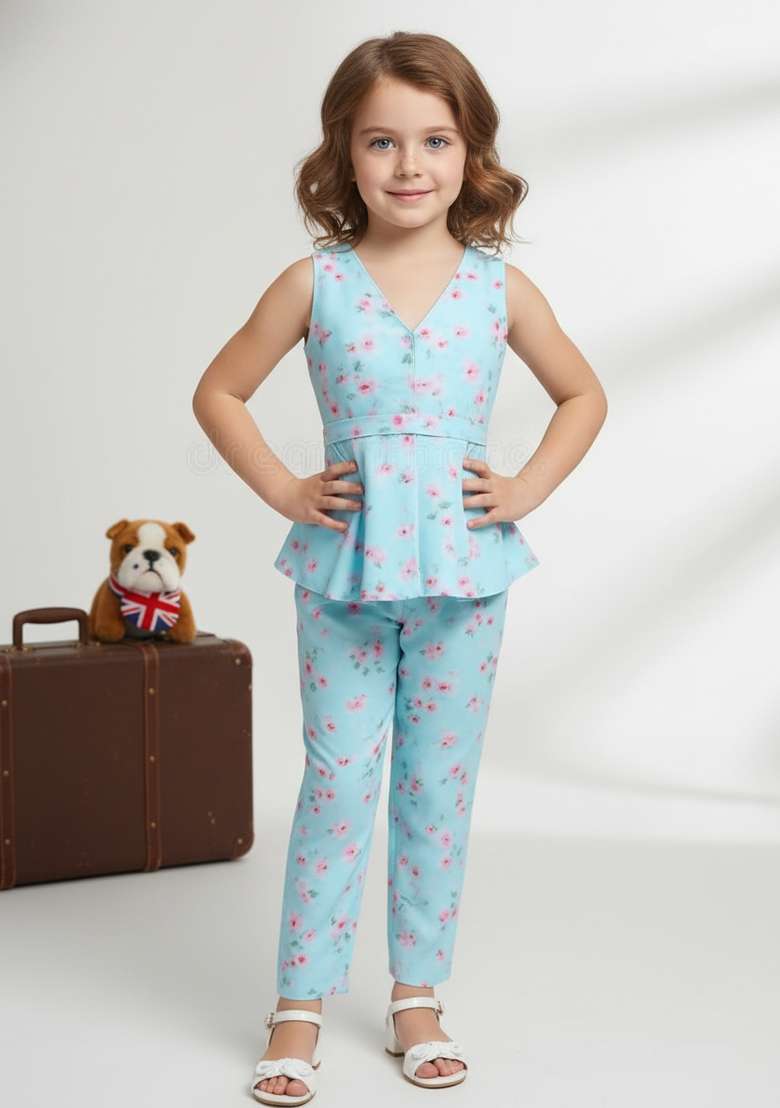 Girls Pastel Blue Floral Print Satin Fusion Set - Indya