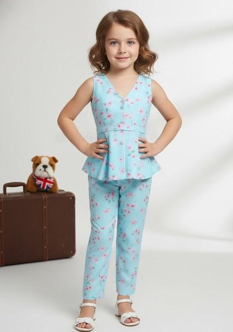 Girls Pastel Blue Floral Print Satin Fusion Set