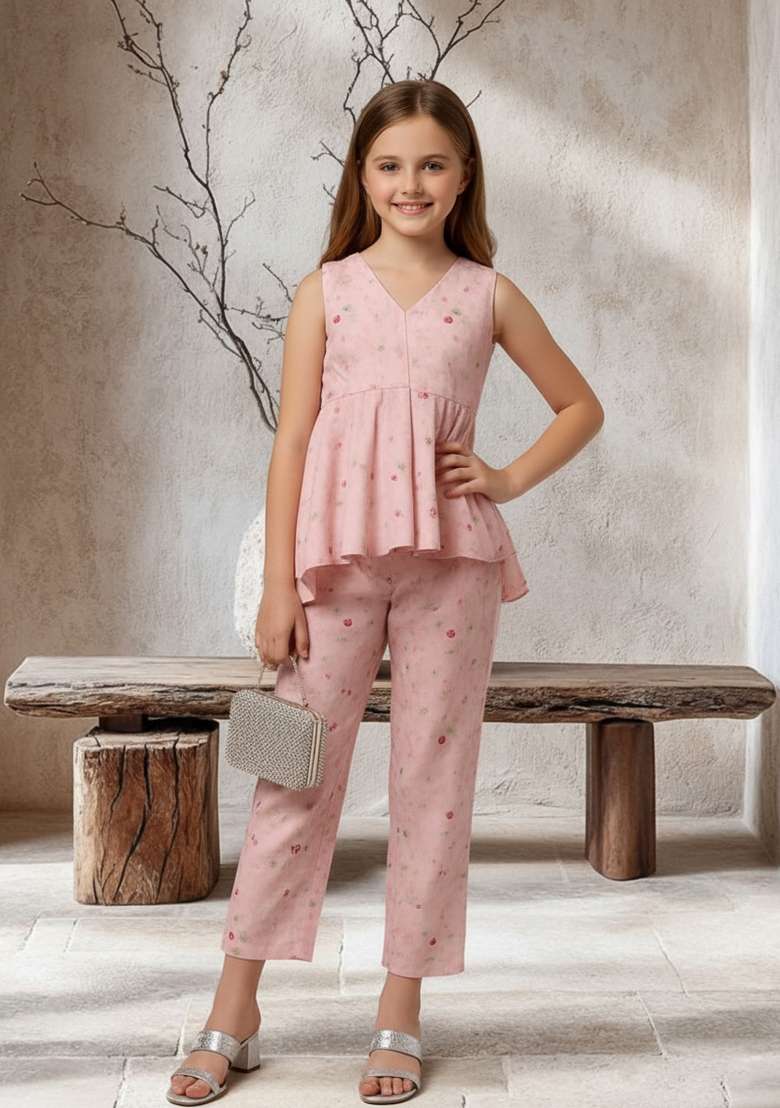 Girls Blue Floral Print Satin Fusion Set - Indya