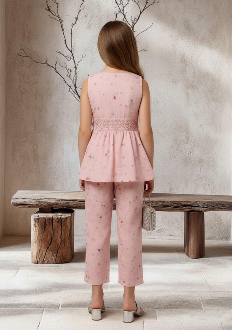 Girls Blue Floral Print Satin Fusion Set - Indya