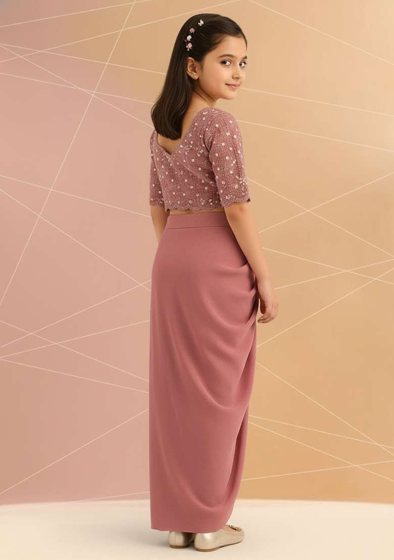 Girls Pink Embellished Georgette Fusion Set - Indya