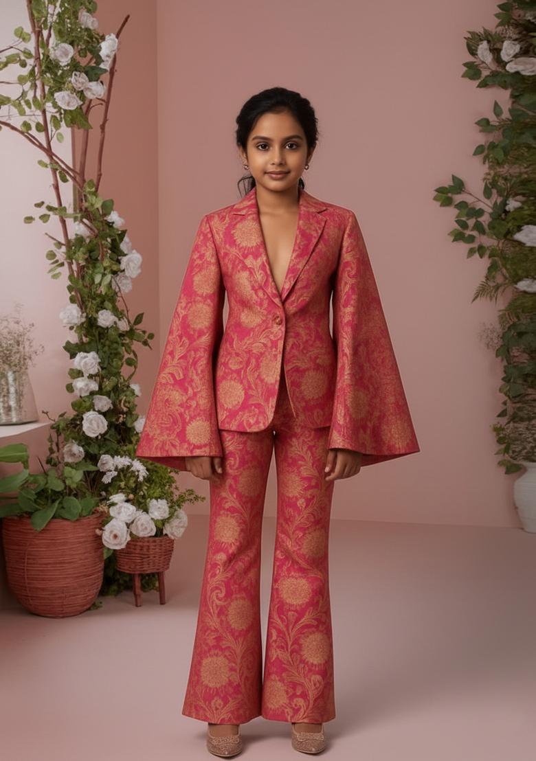 Girls Peach Brocade Co-Ord Set - Indya