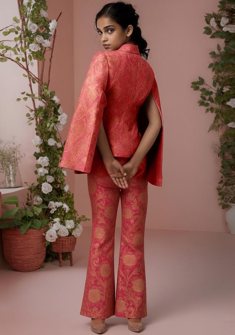 Girls Peach Brocade Co-Ord Set - Indya