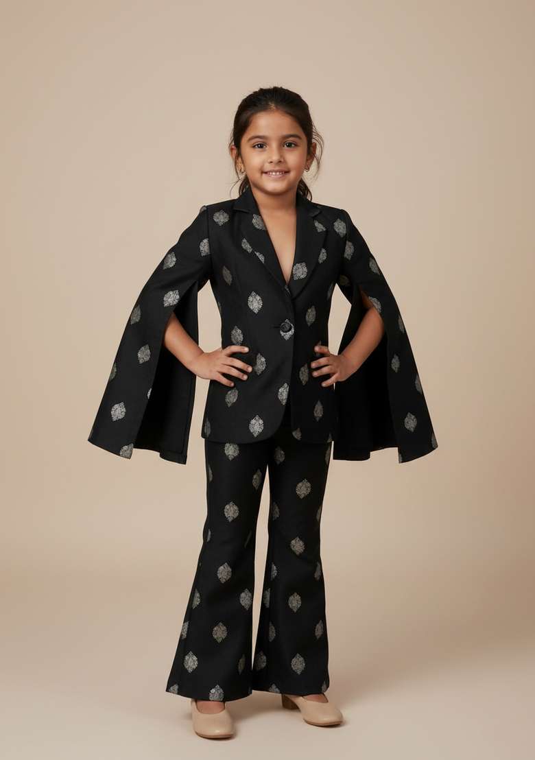 Girls Black Brocade Co-Ord Set - Indya