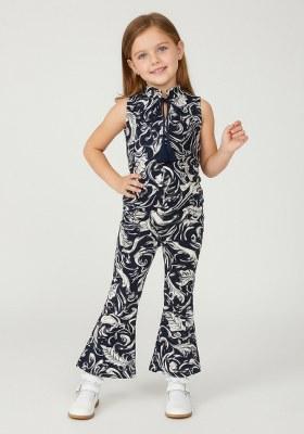 Girls Blue And White Abstract Print Denim Co-Ord Set