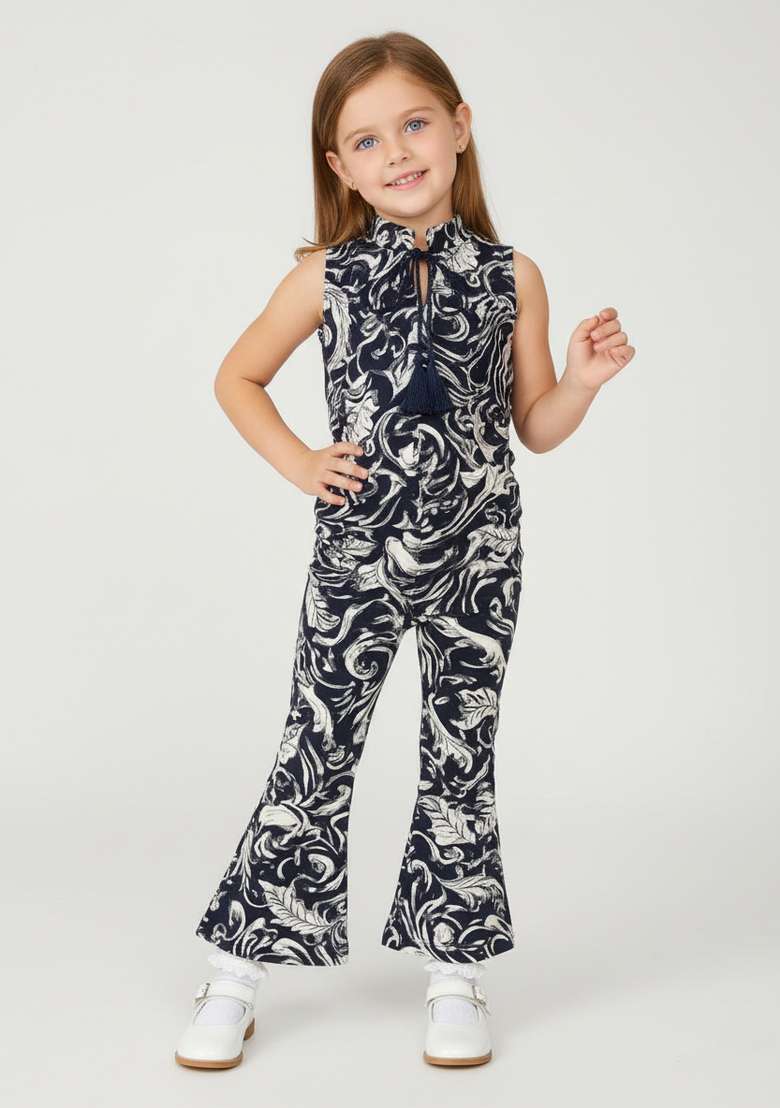 Girls Blue And White Abstract Print Denim Co-Ord Set - Indya