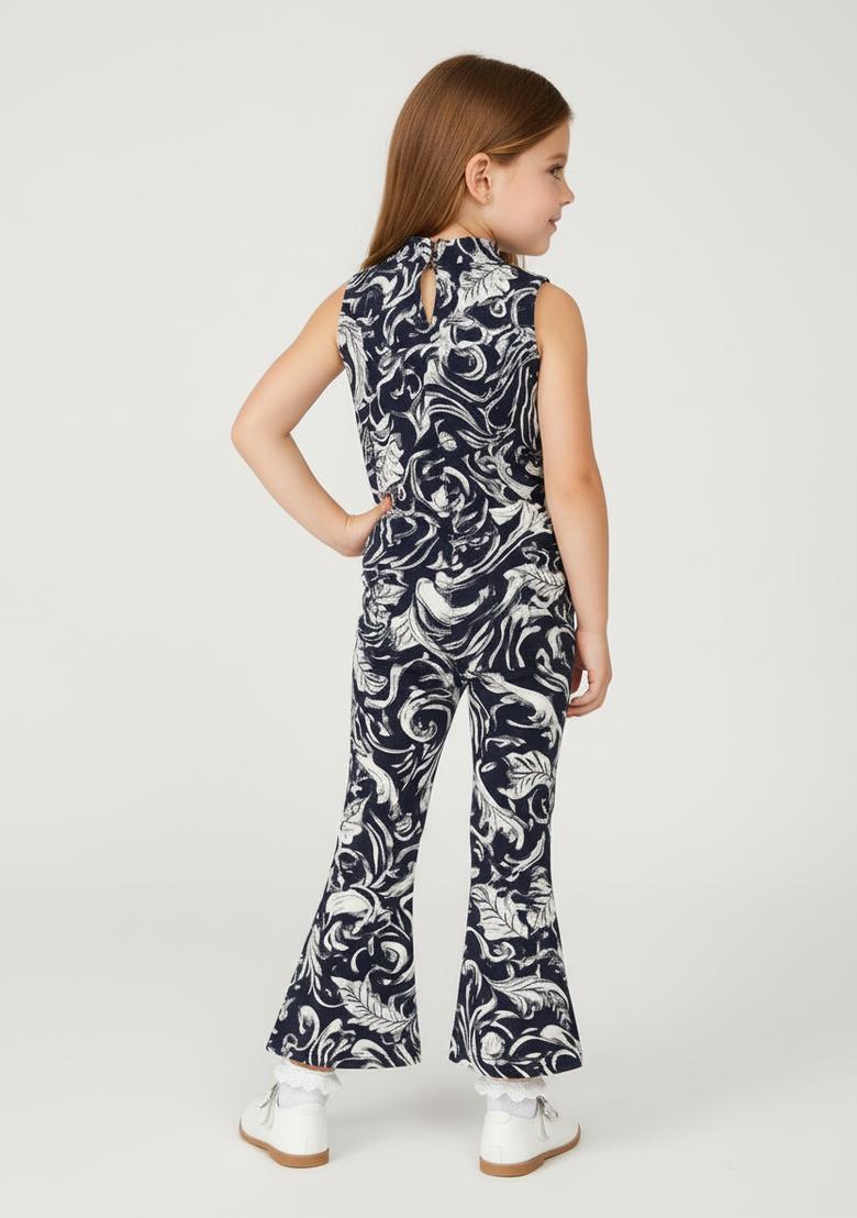 Girls Blue And White Abstract Print Denim Co-Ord Set - Indya