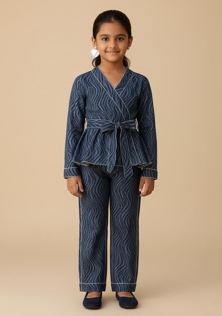 Girls Blue Abstract Print Denim Co-Ord Set - Indya