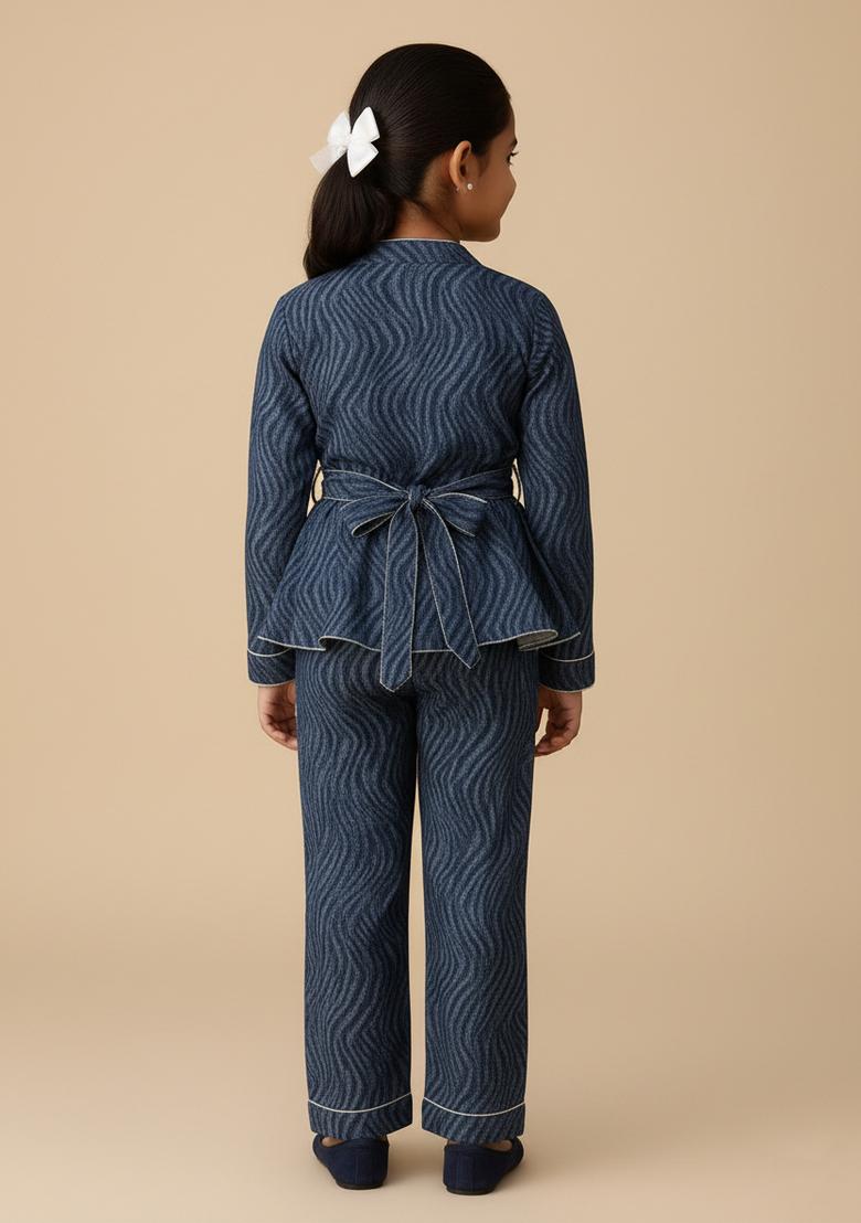 Girls Blue Abstract Print Denim Co-Ord Set - Indya