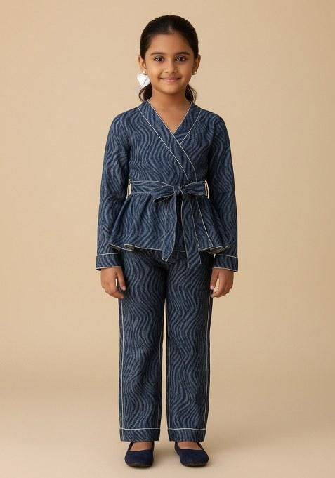 Girls Blue Abstract Print Denim Co-Ord Set