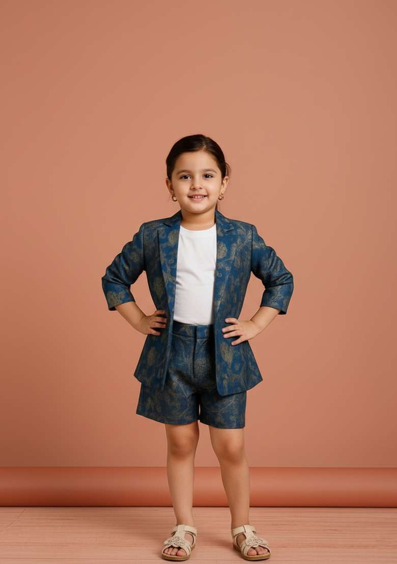 Girls Blue Brocade Co-Ord Set - Indya