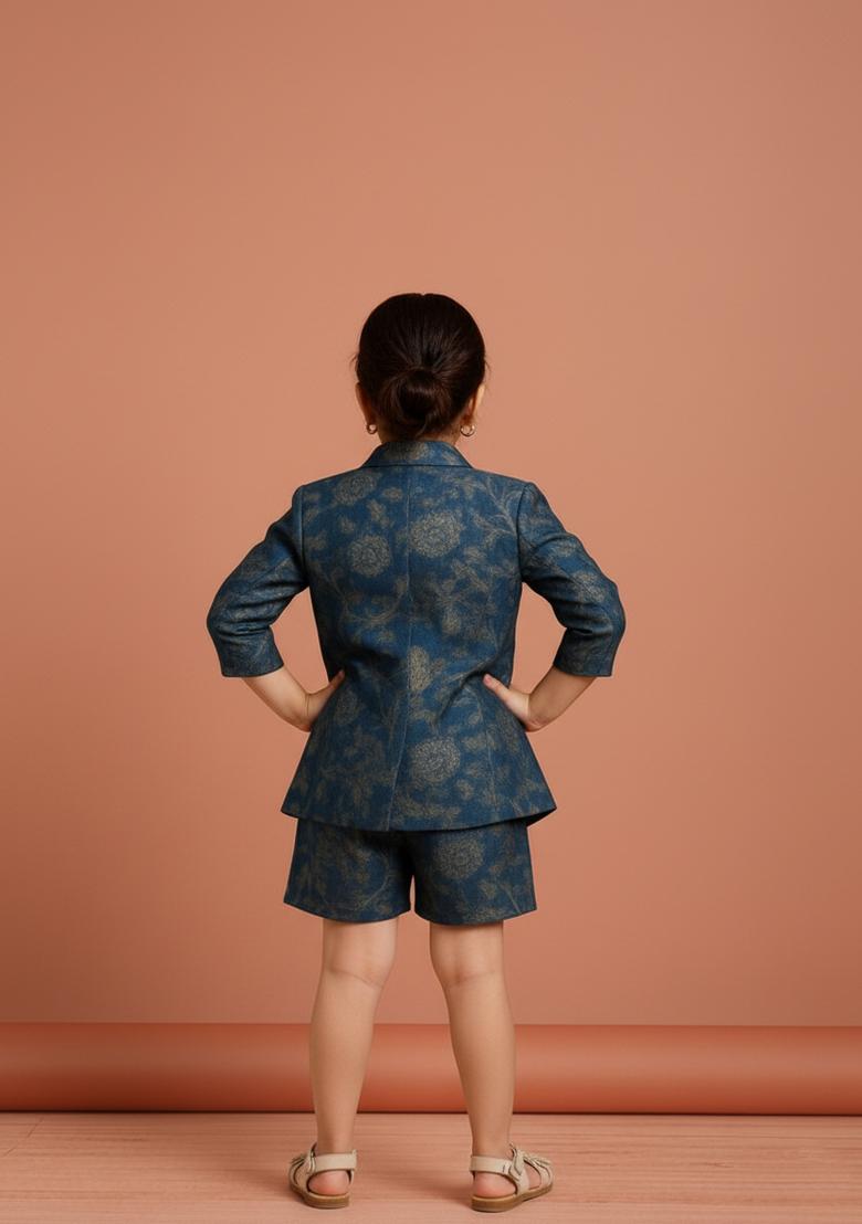 Girls Blue Brocade Co-Ord Set - Indya