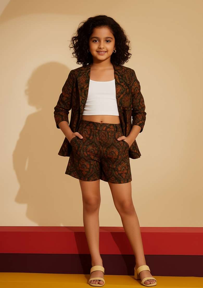 Girls Orange Brocade Co-Ord Set - Indya