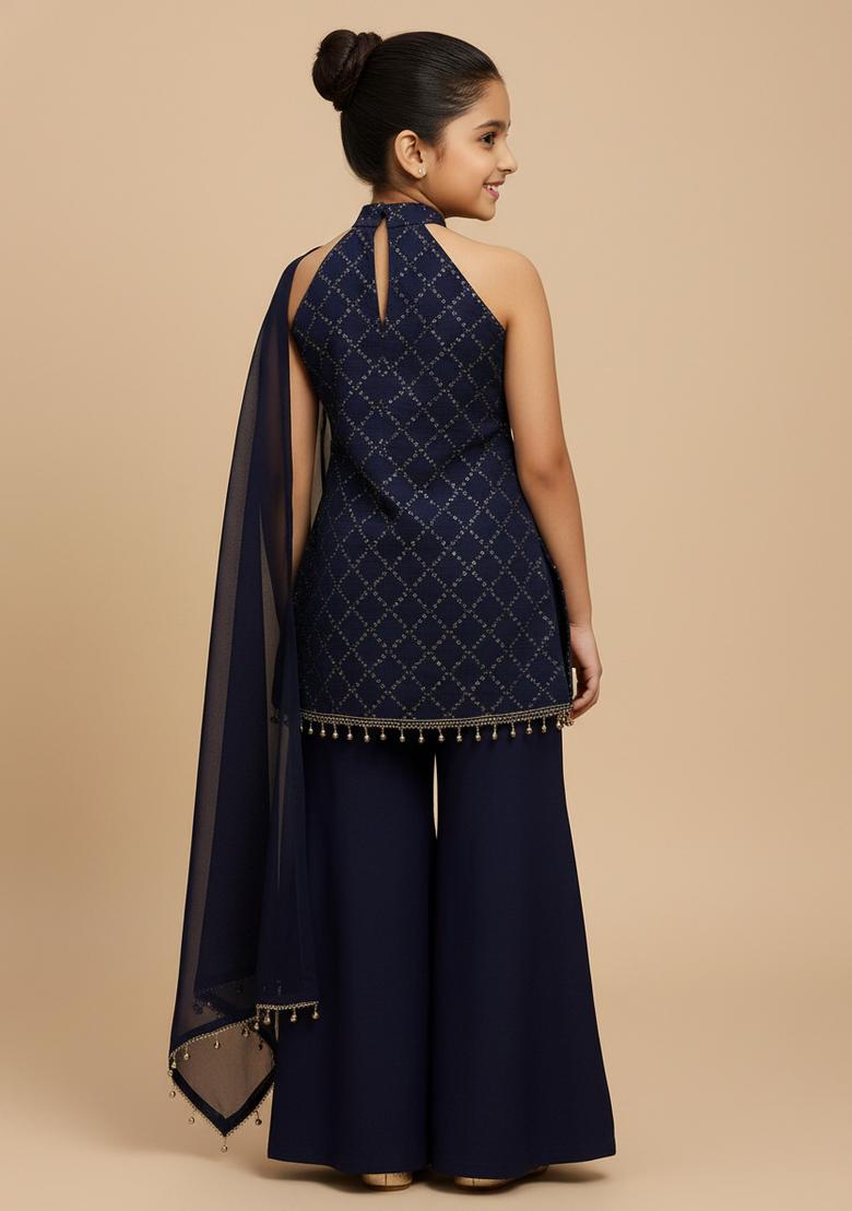 Girls Navy Blue Embroidered Viscose Sharara Set - Indya