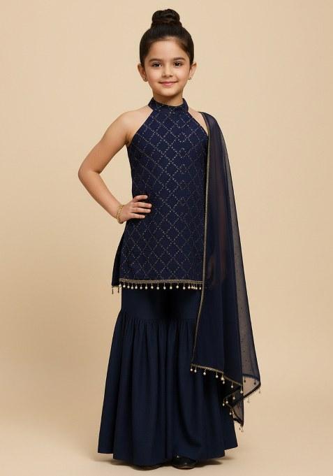 Girls Navy Blue Embroidered Viscose Sharara Set