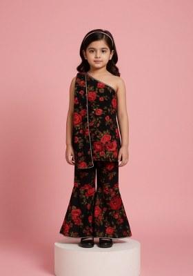 Girls Black Embroidered Georgette Kurta Set
