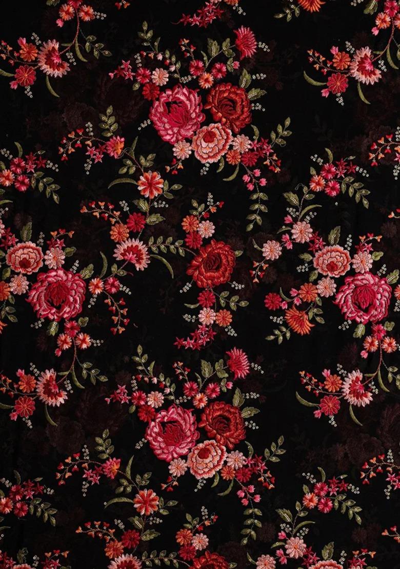 Girls Black Embroidered Georgette Kurta Set - Indya