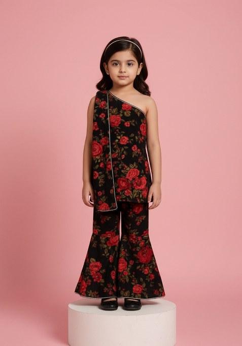 Girls Black Embroidered Georgette Kurta Set