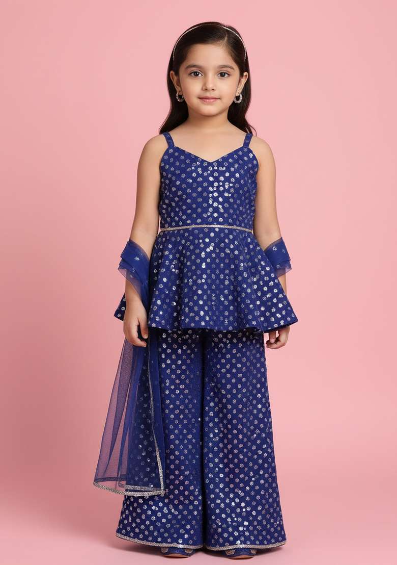 Girls Blue And Purple Embroidered Georgette Kurta Set - Indya
