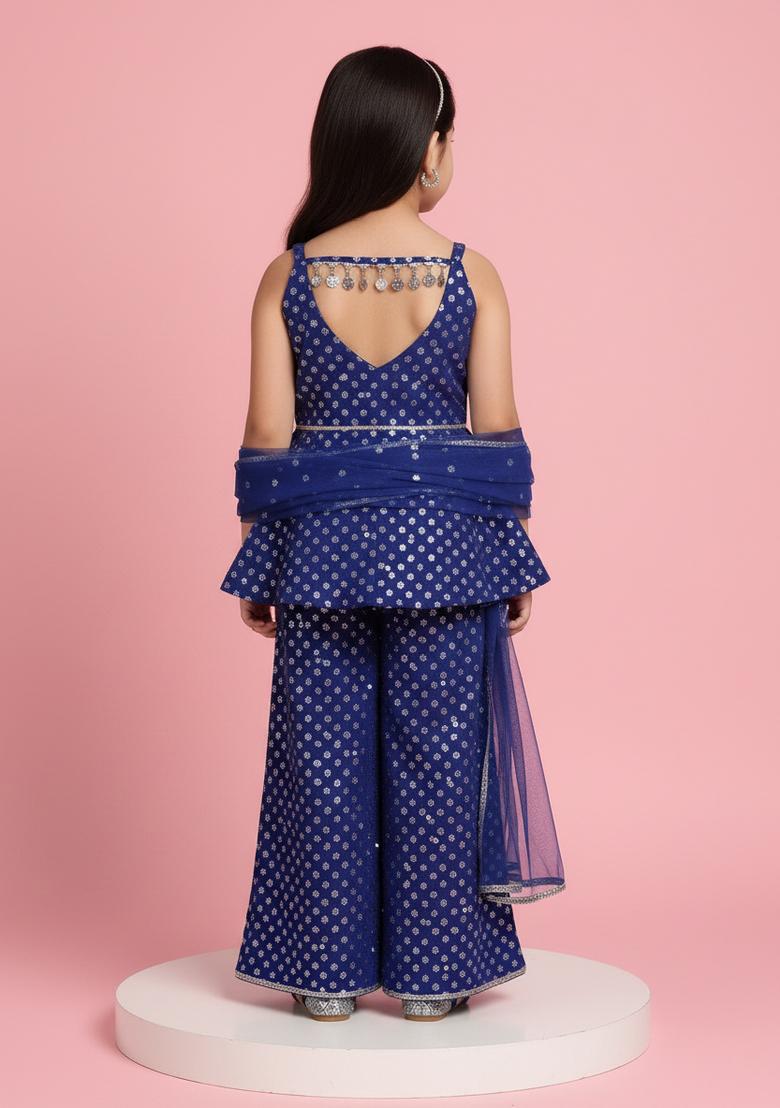 Girls Blue And Purple Embroidered Georgette Kurta Set - Indya