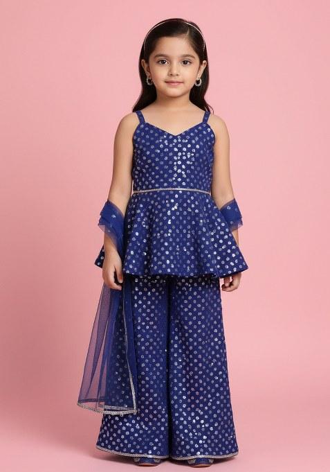 Girls Blue And Purple Embroidered Georgette Kurta Set