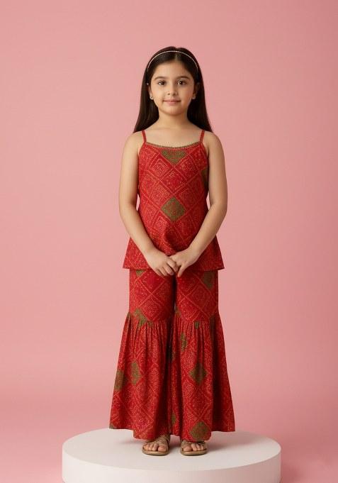 Girls Green Figure Print Chiffon Kurta Set