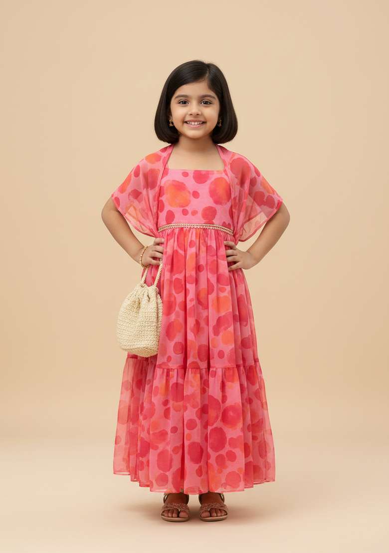 Girls Multicolor Abstract Print Chiffon Kurta Set - Indya