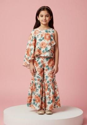 Girls Cream Floral Print Kurta Set