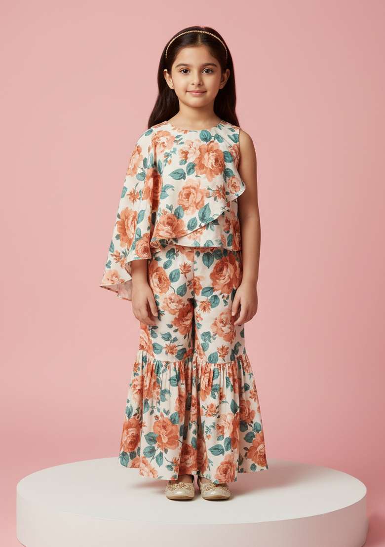 Girls Cream Floral Print Kurta Set - Indya
